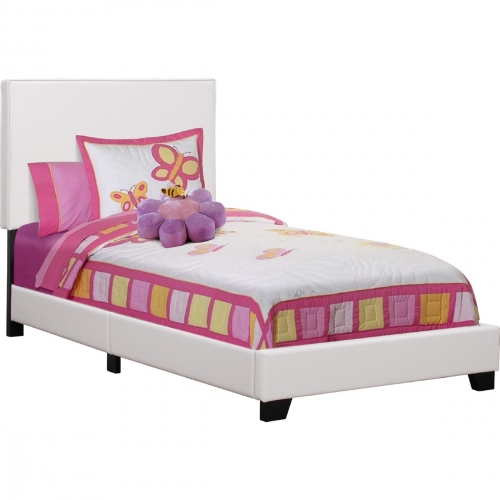 Twin Bed in White Leatherette with Wood Legs